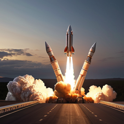 Home 4 **A rocket launching into the sky, showcasing the different stages of flight (takeoff, cruising, targeting). Focus on the rocket's trajectory and the powerful engines. Dramatic lighting, perhaps at dawn or dusk.**