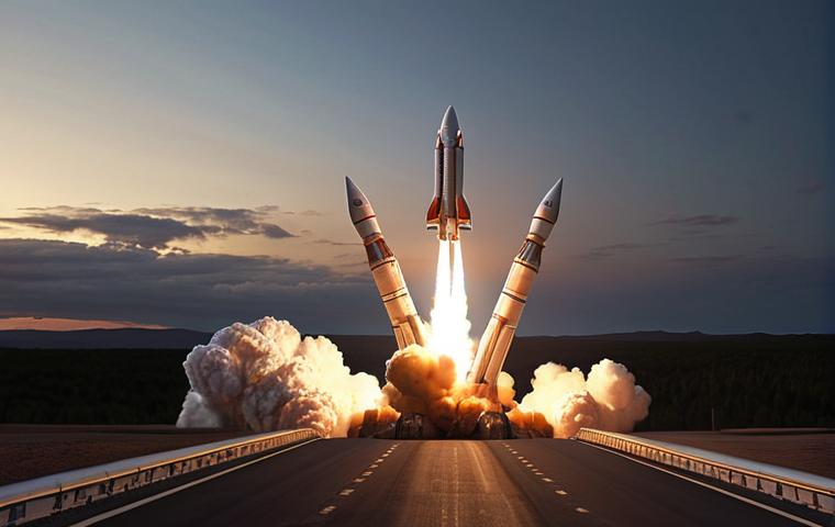 **A rocket launching into the sky, showcasing the different stages of flight (takeoff, cruising, targeting). Focus on the rocket's trajectory and the powerful engines. Dramatic lighting, perhaps at dawn or dusk.**