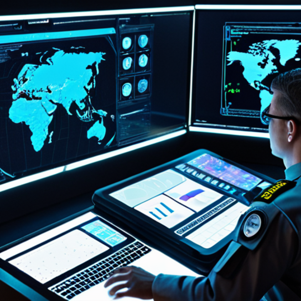 **A futuristic, integrated security command center.** A massive central display shows complex AI-driven data visualizations: real-time threat maps, predictive analytics, and multi-source intelligence feeds (social media, surveillance, cyber). Human operators in tactical uniforms are intently monitoring individual workstations, their faces illuminated by screen glow, embodying the synergy of human expertise and advanced technology. High-tech environment, crisp details, soft ambient lighting highlighting holographic interfaces and glowing data points. Focus on innovation and proactive security.
