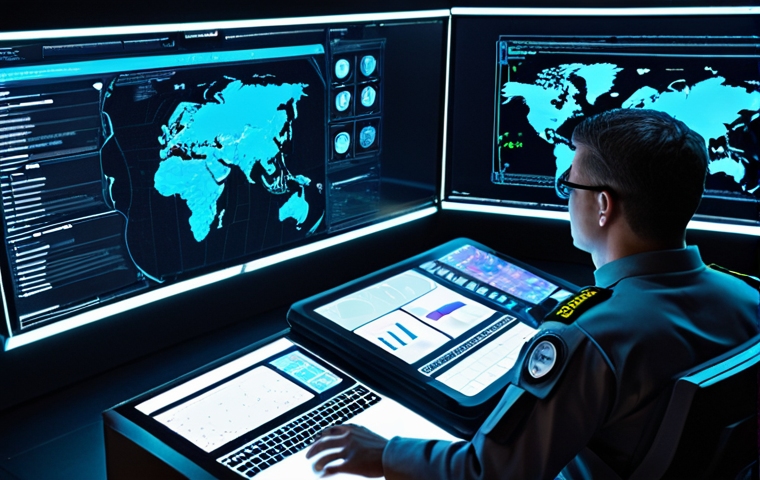 **A futuristic, integrated security command center.** A massive central display shows complex AI-driven data visualizations: real-time threat maps, predictive analytics, and multi-source intelligence feeds (social media, surveillance, cyber). Human operators in tactical uniforms are intently monitoring individual workstations, their faces illuminated by screen glow, embodying the synergy of human expertise and advanced technology. High-tech environment, crisp details, soft ambient lighting highlighting holographic interfaces and glowing data points. Focus on innovation and proactive security.