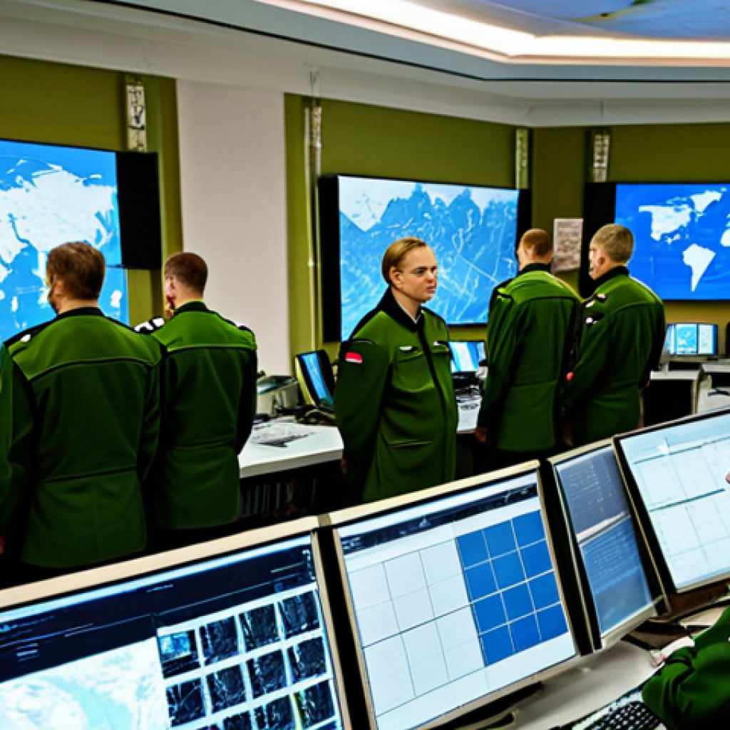 군사 위성 통신 기술 - **Prompt:** A secure communication center in Moscow, Russia. A group of military officers are monito...