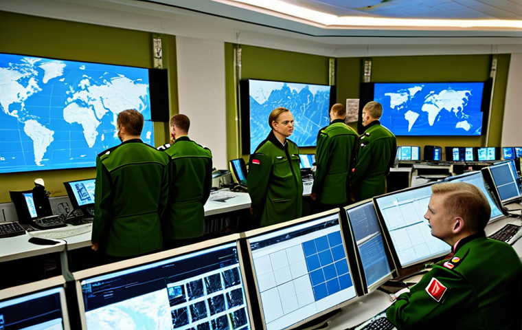 군사 위성 통신 기술 - **Prompt:** A secure communication center in Moscow, Russia. A group of military officers are monito...