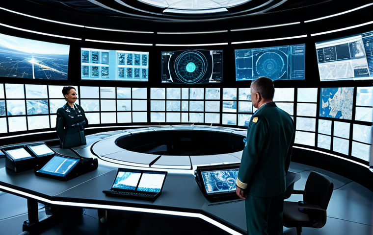 방산업체 매출 순위 - Modern Military Technology**
"A futuristic military command center, showcasing advanced displays of...