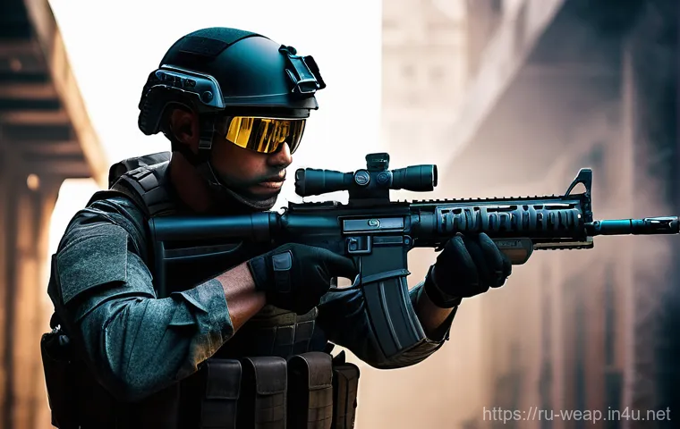 군용 소총 종류 - **Prompt:** A focused, determined male soldier, mid-shot, in a dynamic urban training environment. H...