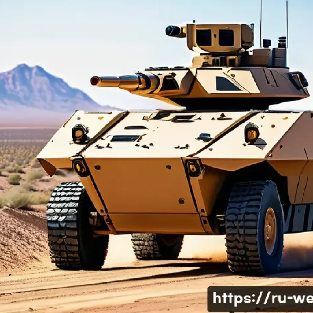 무인 지상 전투 차량 연구 - A detailed scene of a modern unmanned ground combat vehicle (UGCV) in a desert military exercise, sh...