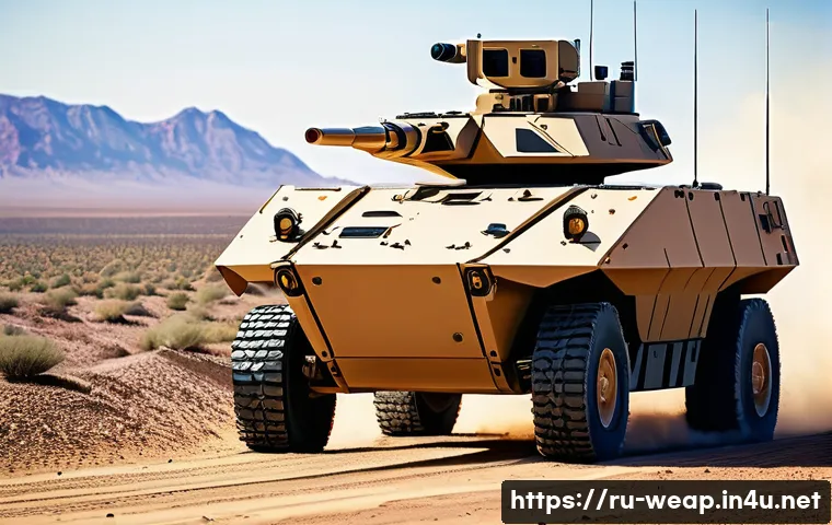 무인 지상 전투 차량 연구 - A detailed scene of a modern unmanned ground combat vehicle (UGCV) in a desert military exercise, sh...