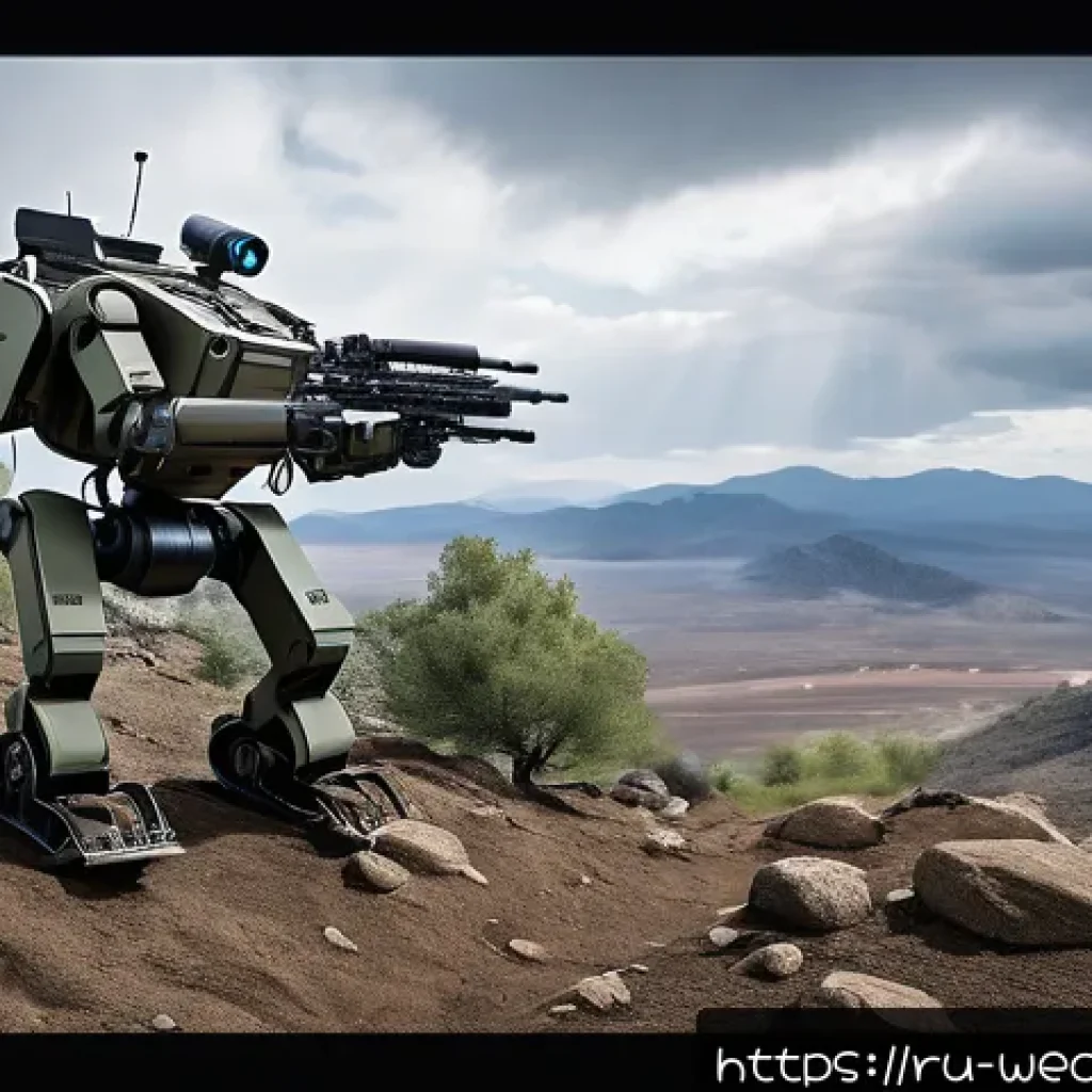 로봇 전투병 도입 가능성 - A highly detailed battlefield scene featuring the Boston Dynamics Spot robot navigating rugged, moun...