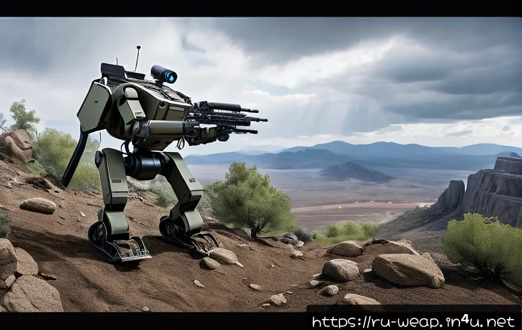 로봇 전투병 도입 가능성 - A highly detailed battlefield scene featuring the Boston Dynamics Spot robot navigating rugged, moun...