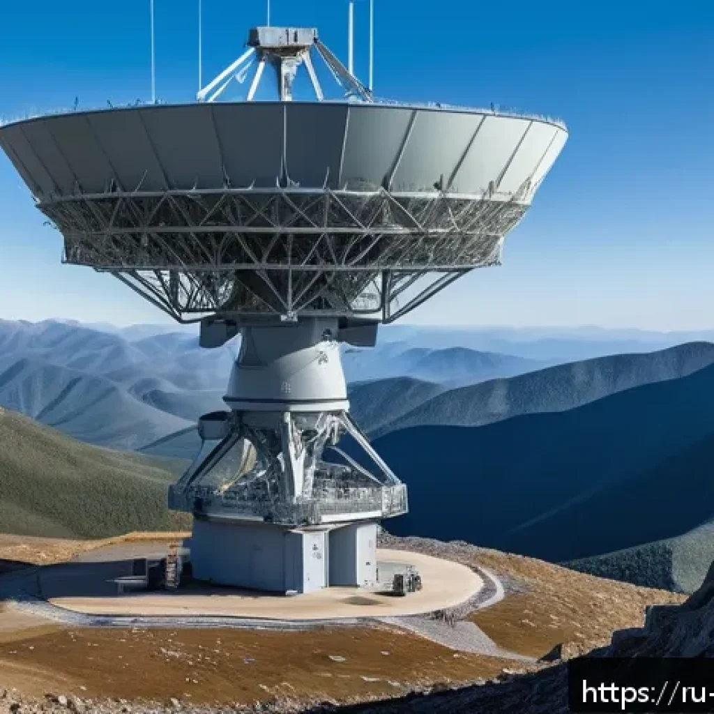 군사 레이더 탐지 거리 분석 - A high-tech, large-scale stationary long-range military radar installation situated on a rugged moun...