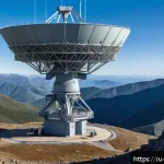 군사 레이더 탐지 거리 분석 - A high-tech, large-scale stationary long-range military radar installation situated on a rugged moun...
