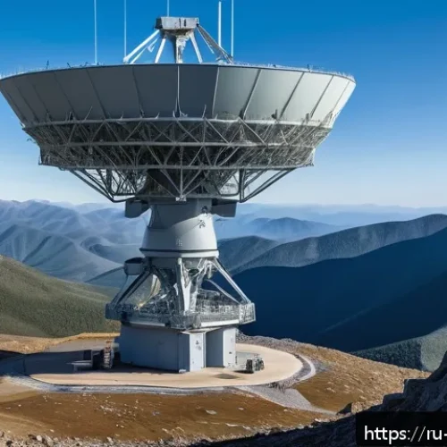 군사 레이더 탐지 거리 분석 - A high-tech, large-scale stationary long-range military radar installation situated on a rugged moun...