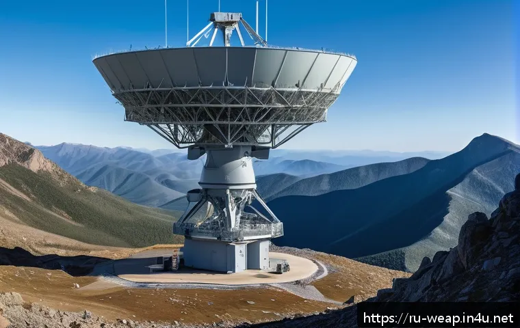 군사 레이더 탐지 거리 분석 - A high-tech, large-scale stationary long-range military radar installation situated on a rugged moun...
