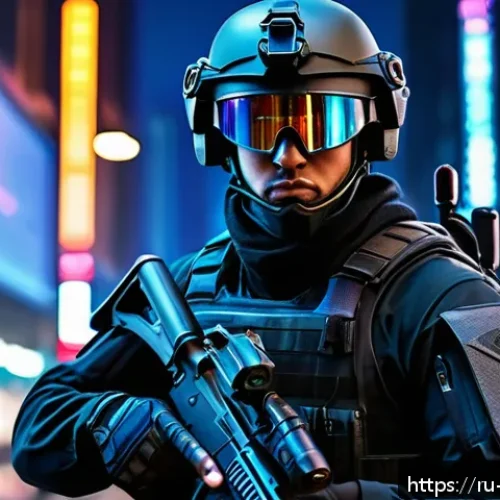 도심 전투용 무기 개발 현황 - A highly detailed urban combat scene featuring a modern soldier equipped with multifunctional smart ...