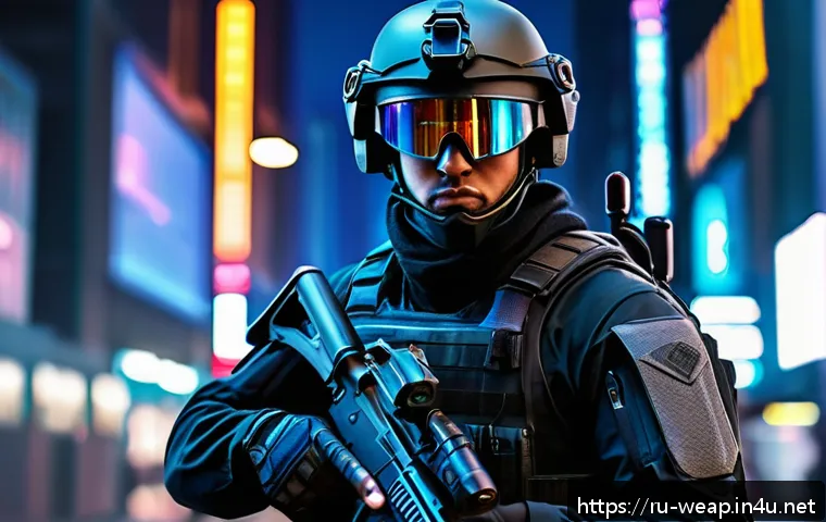 도심 전투용 무기 개발 현황 - A highly detailed urban combat scene featuring a modern soldier equipped with multifunctional smart ...