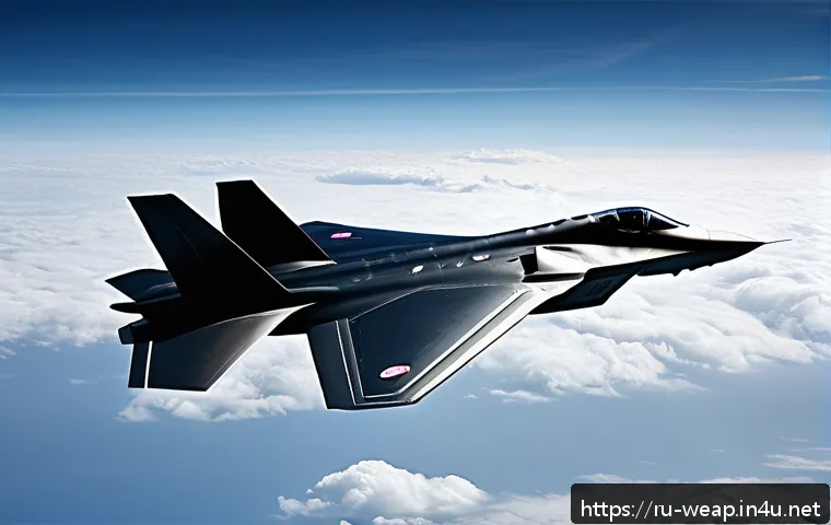 스텔스 기술의 원리 - A futuristic stealth military aircraft in flight over a cloudy sky, featuring sharp angular shapes a...