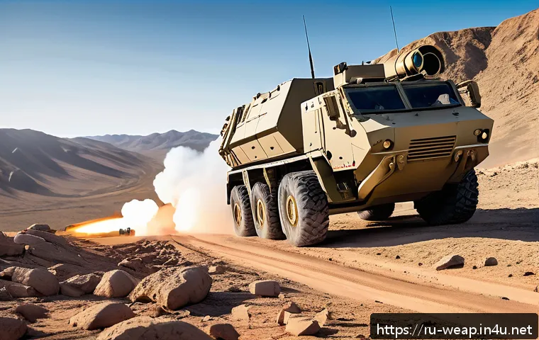 다목적 로켓 시스템 비교 - A highly detailed military scene showcasing a modern wheeled HIMARS multiple rocket launcher system ...