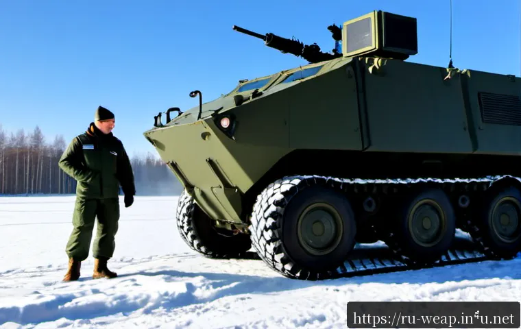Home 17 장갑차 엔진 기술 발전 - Photorealistic modern armored personnel carrier in a snowy Eastern European military testing ground,...