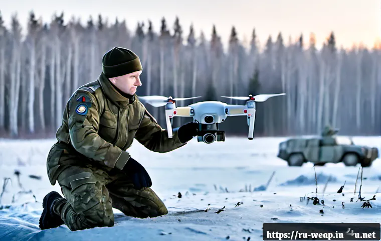 Home 17 전투 드론 실전 배치 사례 - Photorealistic documentary-style scene of a compact reconnaissance drone being launched by two soldi...