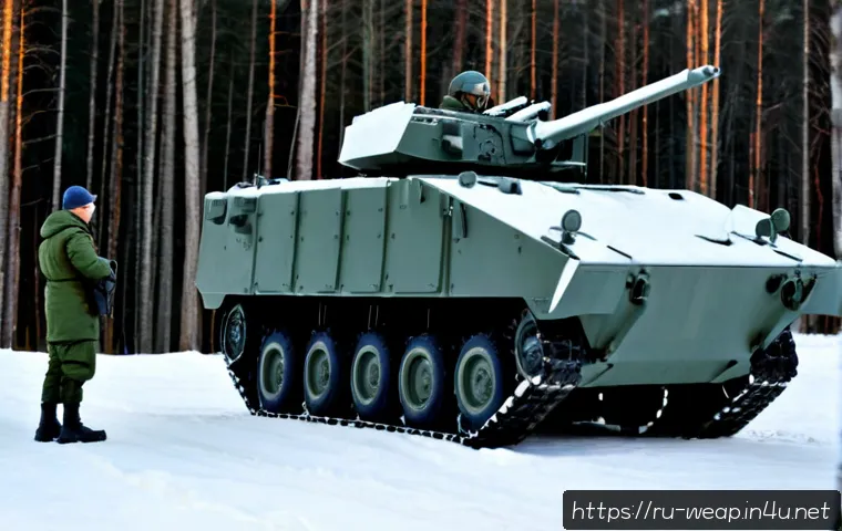 장갑차 방어력 개선 기술 - Photorealistic modern armored personnel carrier in a snowy Eastern European forest training ground, ...