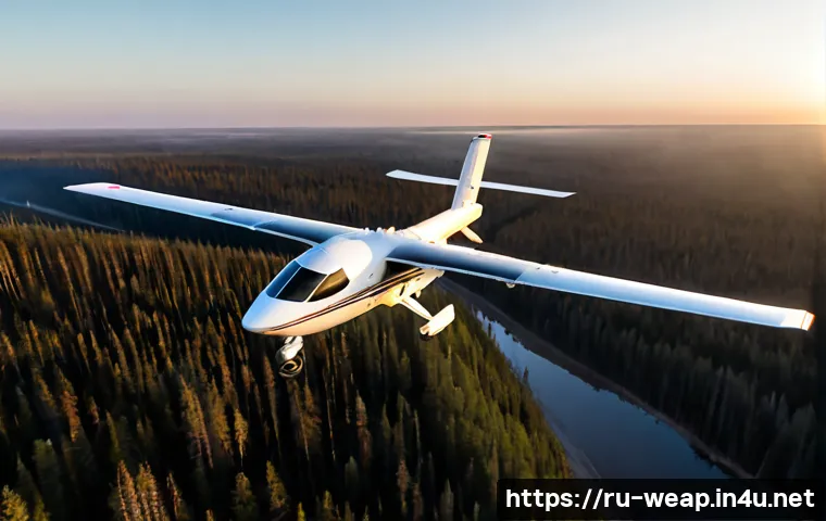 Home 17 장거리 정찰 무인기 활용 전략 - Photorealistic long-range reconnaissance drone flying above a vast Russian taiga and winding river a...