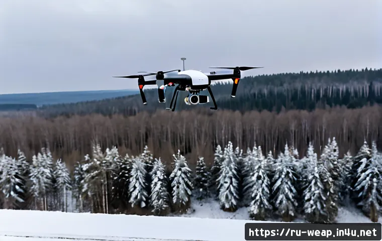 군사 작전에서 드론 활용 사례 - Photorealistic military reconnaissance drone flying above a snow-covered forest and rural road in Ea...
