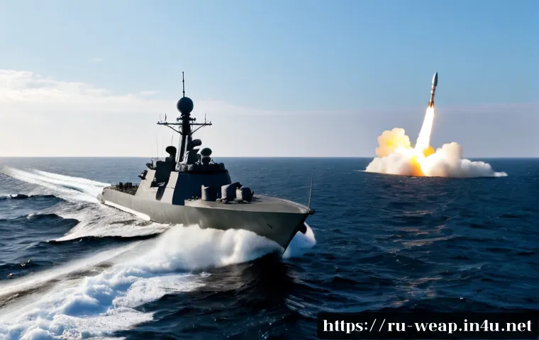 Home 17 고속정과 초계함 무장 차이 - Photorealistic naval comparison scene, a compact Russian-style missile fast attack craft speeding ac...